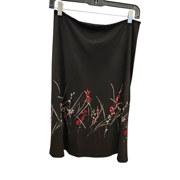 Express Black Floral Midi Skirt Size M Pull-On Red Beige Print USA Made - Picture 1 of 4